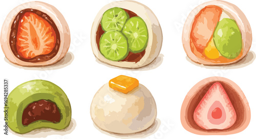 Set of Japanese Fruit Mochi Vector Illustration with Various Flavors and Fillings