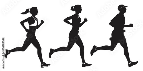 Running man and woman silhouettes vector set illustration. Male and female runners figure shapes vector.
