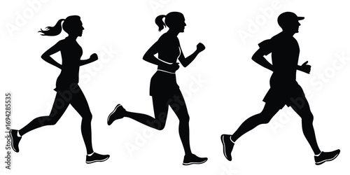 Running man and woman silhouettes vector set illustration. Male and female runners figure shapes vector.