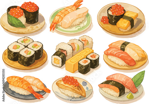 Set of Various Sushi Vector Illustrations with Salmon, Shrimp, Egg, and Roe on Plates