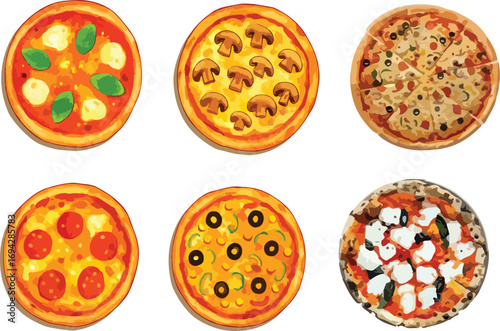 Vector Illustration of Whole Pizza Set with Various Toppings