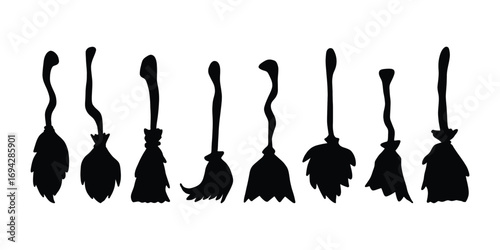 Witch Broom Vector Silhouette Set. Halloween Magic Icons, Halloween Broomstick Vector Collection Witch Silhouettes