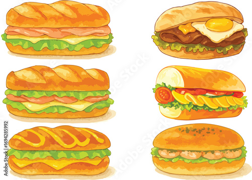 Vector Illustration of Sandwiches and Burgers Set