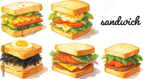 Vector Illustration of Delicious Sandwich with cheese filling, vegetables, and egg Set