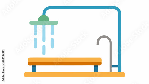 Bathroom Shower with Bench A walk featuring a builtin bench and grab bars with water spouts designed for easy reach for all users.