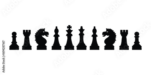 Chess Pieces Vector Silhouette Set. Classic Black Icons Collection, Chess Icons Vector Pack. King, Queen, Rook, Bishop, Knight, Pawn