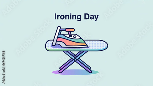 Celebrate national ironing day with this colorful iron and ironing board vector art