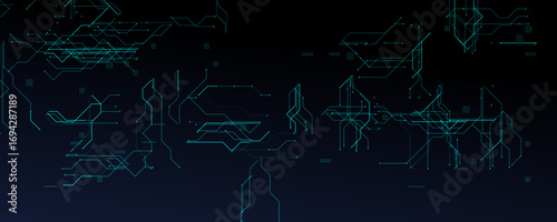 Technology Network Circuit Background With Blue Lines. Digital system map with glowing futuristic connections and geometric shapes, ideal for innovation or AI design. Vector Illustration.