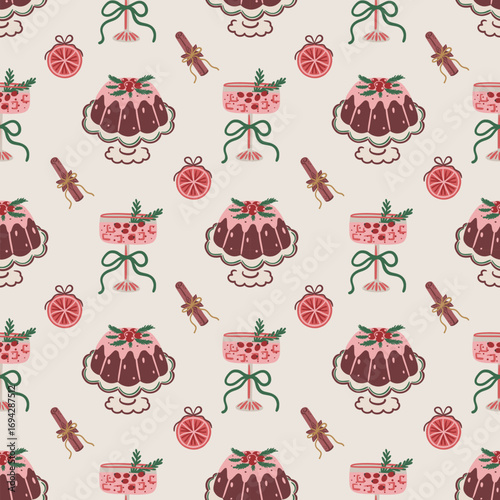 Seamless pattern with Christmas pudding, pink holiday cocktail with berries and bow, cinnamon sticks and citrus slices. Festive hand-drawn vector design for wrapping paper, textile, wallpaper, cover