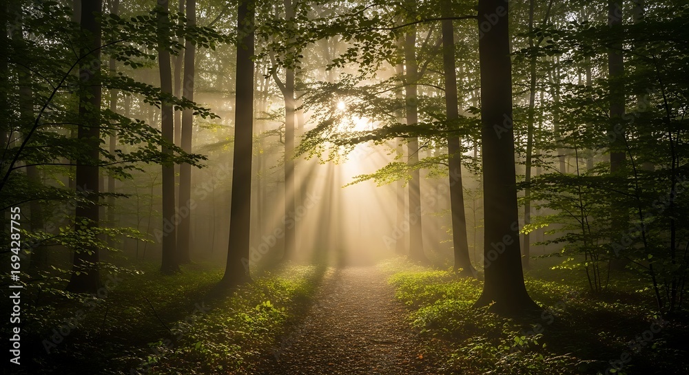 Obraz premium Sunbeams in Misty Forest Path.
