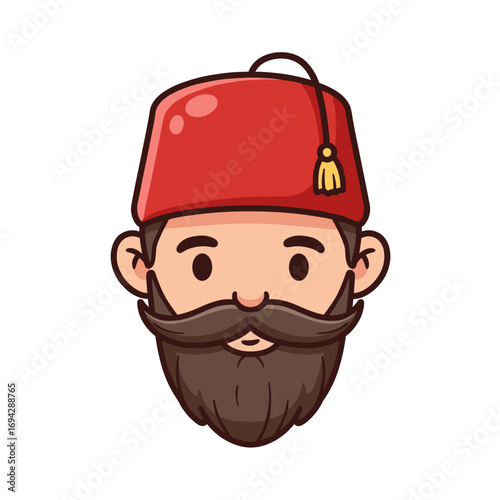 Cartoon man with a red fez hat and a beard smiling  
