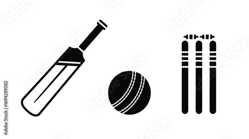 Cricket Icons – Vector Silhouettes of Bat, Ball, and Stumps for Sports, Team Games, and Cricket Designs