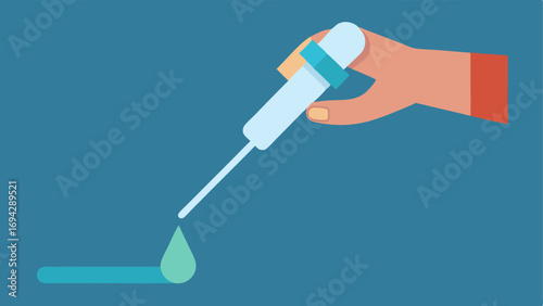 Collection Process A closeup of a hand using a small dropper to collect a sample of saliva from a tube labeled Genetic Test.