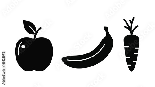 Healthy Food Icons – Vector Silhouettes of Apple, Banana, and Carrot for Fresh Produce, Nutrition, and Wellness Designs