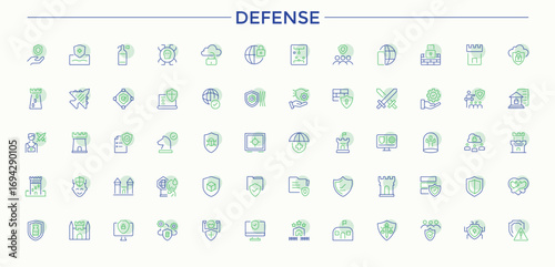 Defense colorful line icon set. Contains outline symbols like safe, protection, threat, safety, and more. Minimalist icons collection. Anti simple icon set. Vector illustration in modern line style.