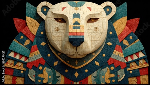 Polar bear head, stylized,  wood-block art
