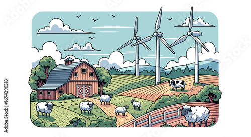 Farm scene with barn, wind turbines, sheep, and a cow grazing