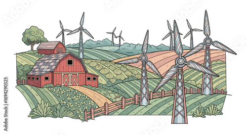 Illustration of a farm with windmills and a red barn house