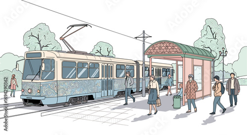 People waiting at tram stop with a tram in the background