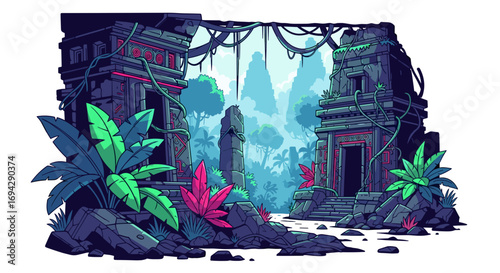 Illustration of an ancient temple ruins in a tropical jungle