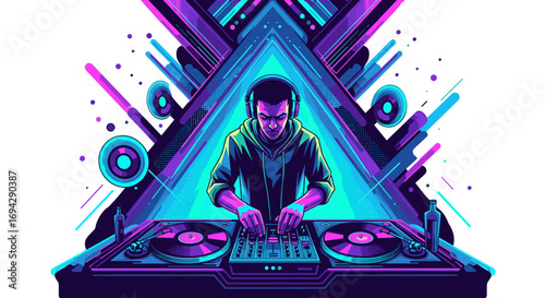 Dj mixing music with neon lights and triangle background art