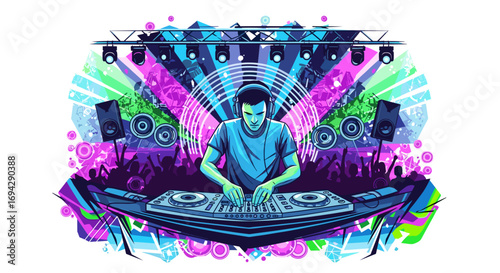 Dj performing live at a concert with a crowd and bright lights