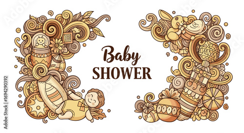 Baby shower with doodles of toys and decorations in beige tone