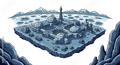 Isometric view of a lunar base with mountains in background