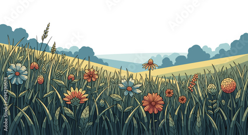 Illustration of a meadow with flowers and rolling hills view