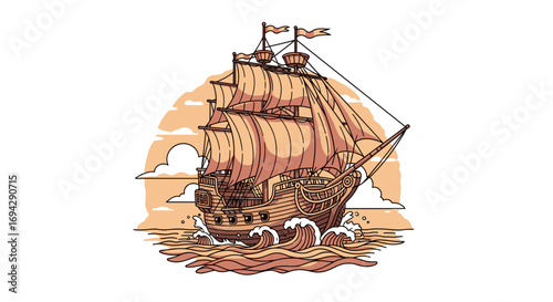 Illustration of a vintage sailing ship navigating ocean waves