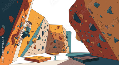 Woman climbing on an indoor climbing wall with colorful holds