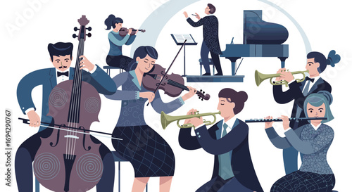 Orchestra performing with conductor piano and string section