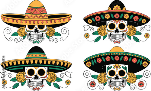 Four decorative sugar skulls wearing colorful sombreros and roses