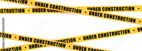 Under construction yellow warning tape safety stripe. Caution barrier stripe for safety zone, blocked area, website page, road work, site maintenance, redesign progress. Vector illustration.