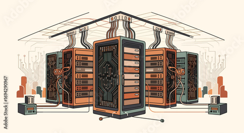 Illustration of a server room with multiple server racks