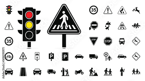 Traffic and Road Sign Icons – Vector Silhouettes of Signals, Stop Signs, Crosswalks, Speed Limits, Vehicles, and Safety for Road Design
