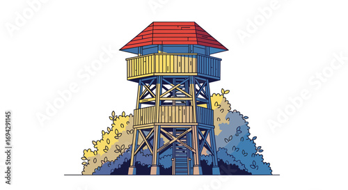 Illustration of a wooden watchtower with a red tiled roof top