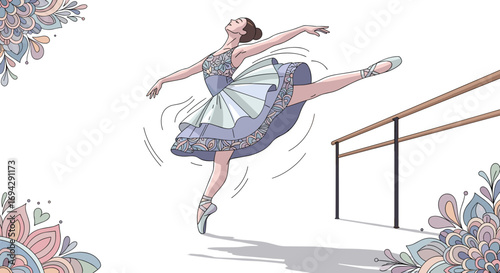 Elegant ballerina performing arabesque near ballet barre art