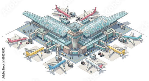 Isometric view of a modern airport terminal with parked planes
