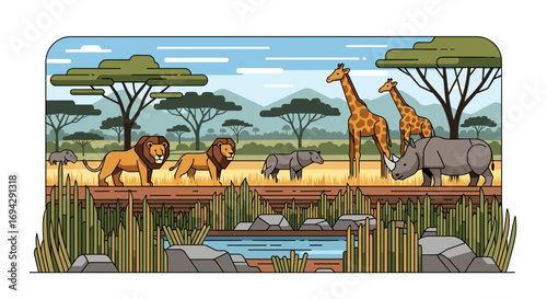 Cartoon safari scene with lions giraffes and other animals