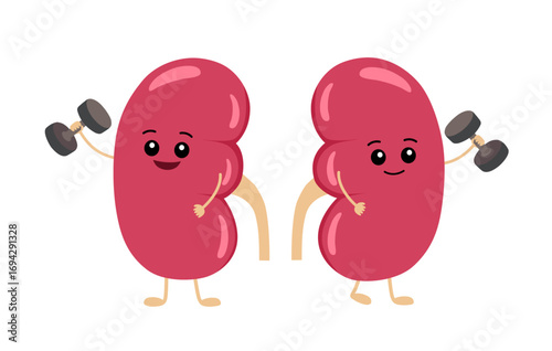 Cute kidney with dumbbells cartoon character in flat design on white background. Healthy kidney concept vector illustration