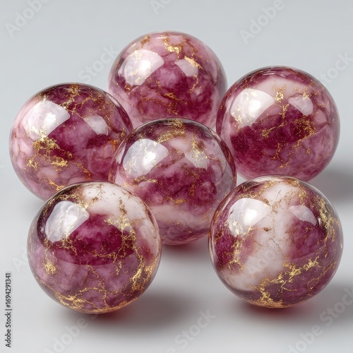 Close-up of six round, glossy beads.  Deep magenta and creamy white, marbled with gold flecks