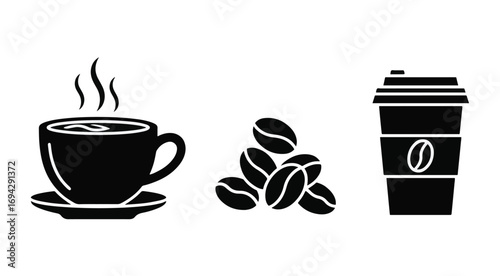 Coffee Icons Set – Vector Silhouettes of Coffee Cup, Beans, and Takeaway Cup for Café, Beverage, and Menu Designs