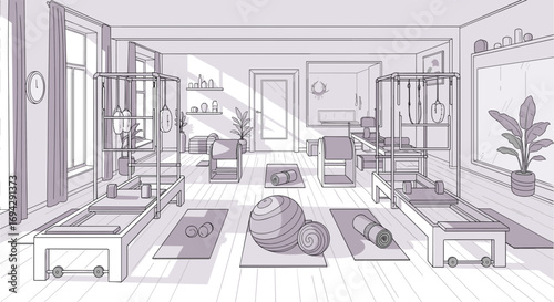 Sketch of a pilates studio with equipment and natural light
