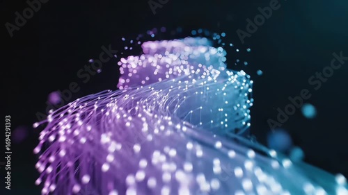 Futuristic stream of light particles flowing through glowing fiber optic cables, symbolizing high-speed digital communication and network technology