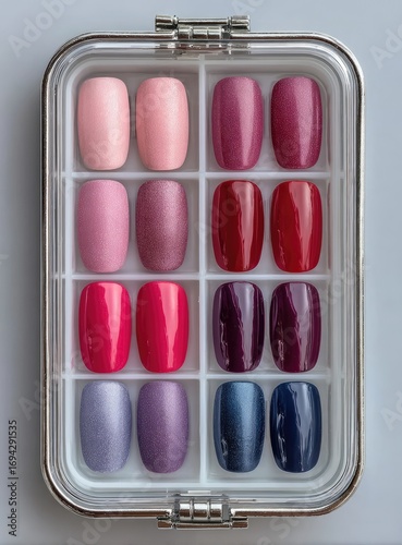 Nail art tips in a plastic organizer