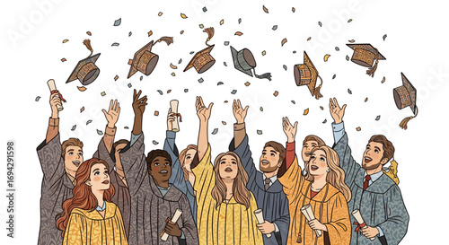 Graduates celebrate by throwing their caps in the air together