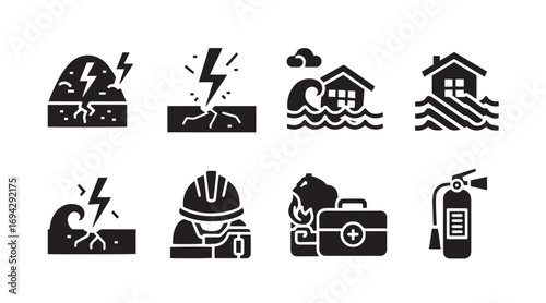 Disaster and Emergency Icons – Vector Silhouettes of Storms, Floods, Lightning, Safety Gear, and First Aid for Crisis Management Designs