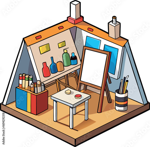 Cozy Art Studio with Easel and Painting Supplies Ready for Creativity