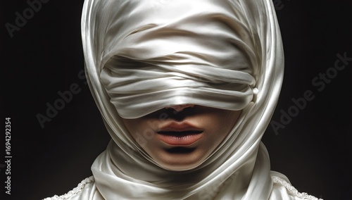Close-up of a woman with a draped white silk scarf covering her face